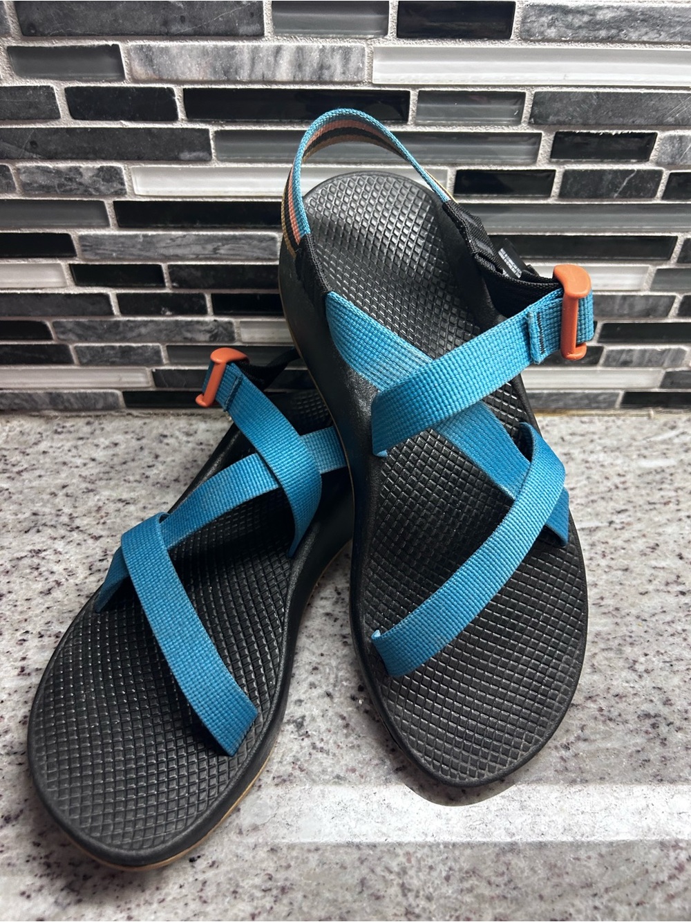 Chaco Blue Strappy Outdoor Sandals with Orange Accents size 9